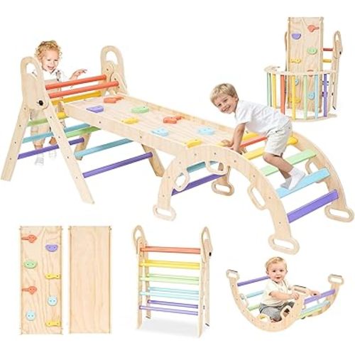Pikler Triangle Set – 7 in 1 Toddler Climbing Toys Indoor for 1+ year old | Foldable Kids Playground Jungle Gym with Wooden Arch & Ramp & Ladder | Montessori Climbing Set for Kids-Multicolor