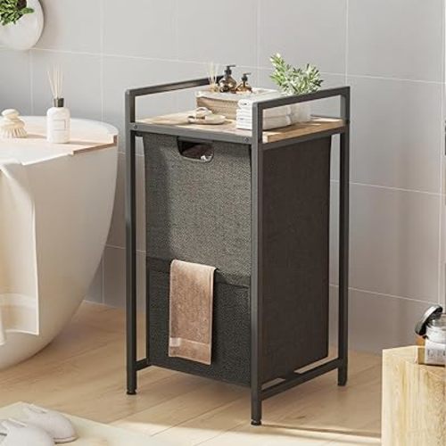 Laundry Hampers,Laundry Basket, Laundry Sorter with Top Shelf & Removable Washable Bags & Side Pockets for Laundry Room organization, Bathroom and Dorm, Rustic Brown and Black