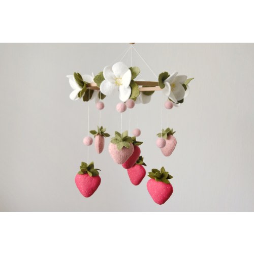 Felt strawberry baby crib mobile Fruit baby mobile Felt flower baby mobile Red strawberry decor Woodland nursery mobile Garden ball mobile
