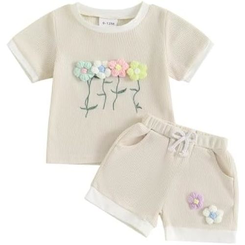Toddler Baby Girl Outfits Floral Summer Clothes Infant Spring Waffle Short Sleeve Shirt Tops Cute Shorts Set