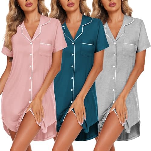 Ekouaer 3 Pack Women's Nightgown Button Down Sleepshirts Short Sleeve Nightshirts for Women Sleepwear V Neck Sleep Dress