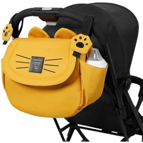 SUNVENO Universal Stroller Organizer Bag with 2 Cup Holders, Cute Kitty Baby Stroller Caddy, Waterproof Storage Organizer with Adjustable Straps, Fits Most Strollers, Prams & Pushchairs