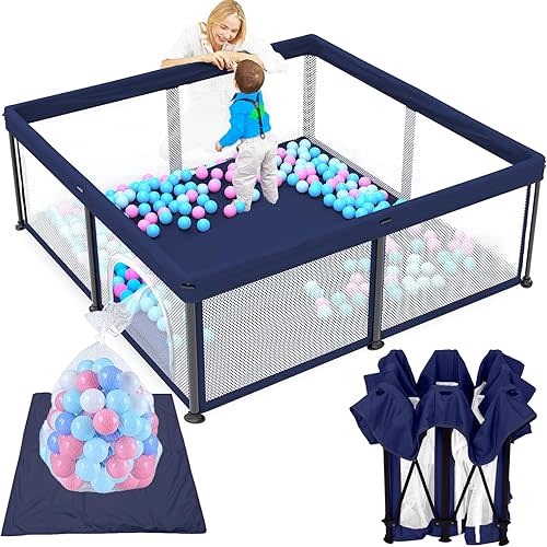 TOREVSIOR Foldable Baby Playpen with Mat, 50"×50" Foldable Playpen for Babies and Toddlers, Indoor & Outdoor Kids Safety Play Pen, Portable Play Yard, Foldable Baby Playpen with 50 Ocean Balls