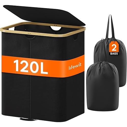Lifewit 120L Double Laundry Hamper with Lid, Large Laundry Basket with Bamboo Handles and Removable Laundry Bags, Foldable Clothes Hampers for Laundry for Bedroom, Bathroom, Dorm, Laundry Room, Black