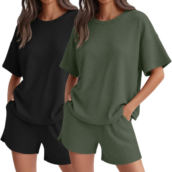 Neer 2 Pack Waffle Knit Women's Pajama Sets Lounge Cute Short Sleeve Top and Shorts Matching PJ With Pockets
