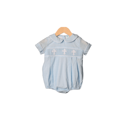 Smocked Cross Blue Swiss Dot Boy Bubble