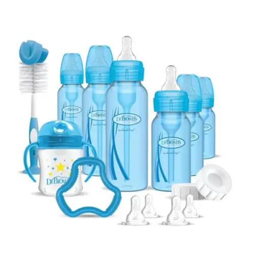 Dr. Brown’s Natural Flow Anti-Colic Options+ Special Edition Blue Baby Bottle Gift Set with Soft Sippy Spout Transition Cup, Flexees Teether, Bottle Cleaning Brush and Travel Caps(Blue First Year Gift Set)
