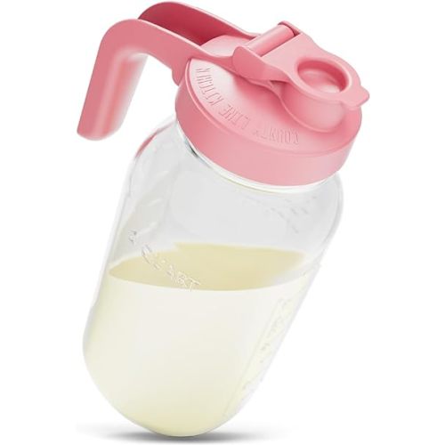 County Line Kitchen Glass Breast Milk Pitcher with Lid - Wide Mouth, 2 Quart (64 oz) - Heavy Duty, Leak Proof - Sun & Iced Tea Pitcher, Cold Brew Coffee, Breast Milk Storage, Water - Pink