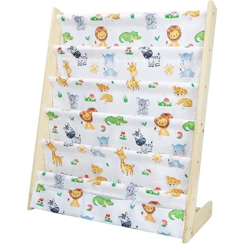 Kids Bookshelf 5 Tier Wooden Toy and Book Storage Organizer 3 Pockets Toddler Sling Book Rack with Deep Sleeves for Baby Playroom Nursery Bedroom (Woodland Animals)