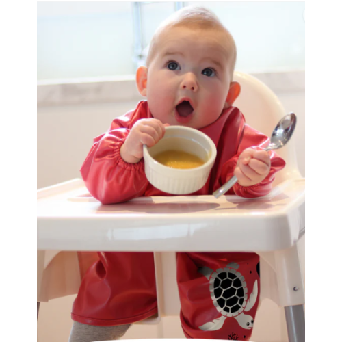 Little Messy Mealtime Toddler Smock Bib (Color: Red Raspberry Turtle| Size: 8 Months To 2 Years)