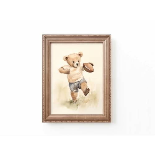 Teddy Bear Playing Football Art Print Nursery Football Decor Nursery Sports Art Football Nursery Bear Art Kids Room Art by Bespoke Littles