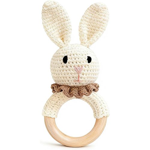 Baby Rattle Toys, Handcrafted Crochet Bunny Rattles with Wooden Teething Ring, Organic Newborn Toy Crochet Stuffed Animal Rattle Baby Announcement Ideas, Beig