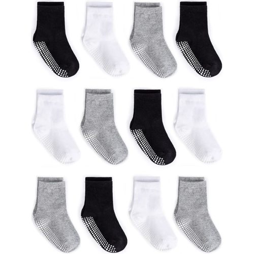 Zaples Grip Crew Socks with Non Slip/Anti Skid Soles for Baby Infants Toddlers Kids Boys Girls - 1-3T - Assorted 12 Pack