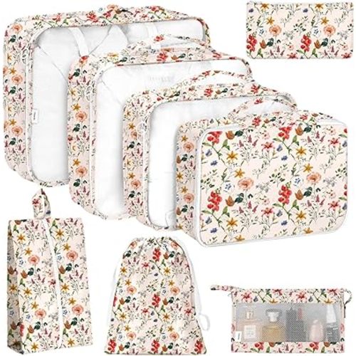 KPX 8 Set Packing Cubes for Travel, Luggage Packing Organizers Accessories Large Toiletries Bag for Clothes Shoes Cosmetics (Retro Flower)