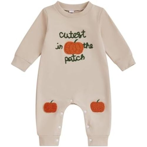 Lamuusaa Newborn Baby Girl Boy Halloween Outfit Cutest Pumpkin In the Patch Romper Pumpkin Bodysuit Jumpsuit Fall Outfit (Apricot, 0-3 Months)
