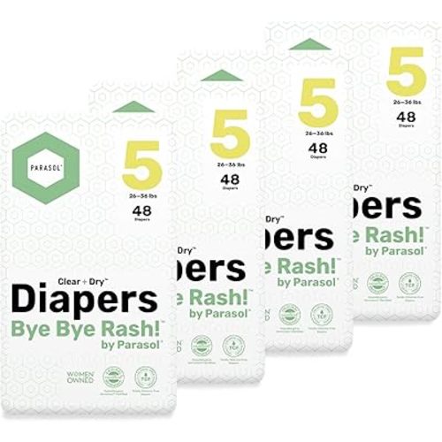 PARASOL Clear+Dry Disposable Diapers | RashShield Protection, Leakproof Design, Hypoallergenic Diaper Set | Size 5, (26-36 lbs) 192 Count