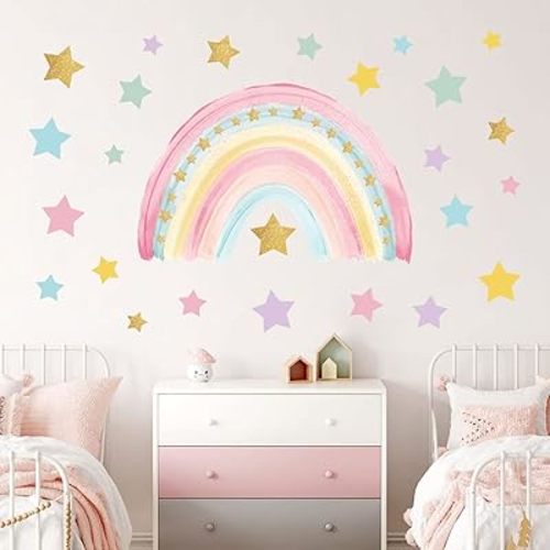 Supzone Large Rainbow Wall Stickers Boho Rainbow Wall Decal Colorful Stars Vinyl Wall Art Sticker for Girls' Room Kids Baby Nursery Bedroom Living Room Playroom Classroom Wall Decor