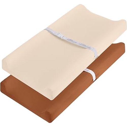 Pro Goleem Muslin Changing Pad Cover for Boys and Girls, Soft Breathable Fitted Cotton Diaper Changing Table Pad Sheets, Neutral, 2 Pack (Brown＆Beige)
