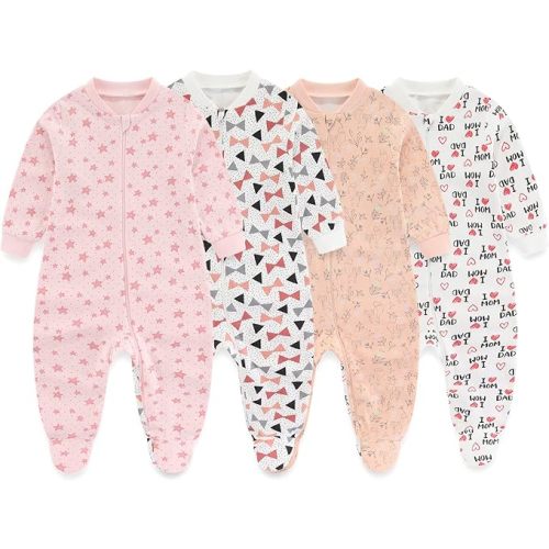 MAMIMAKA Newborn Baby One-Piece Footies Romper 2-Way Zip Cotton Bodysuit Long-Sleeve Jumsuit 4-Pack, 0-12 Months