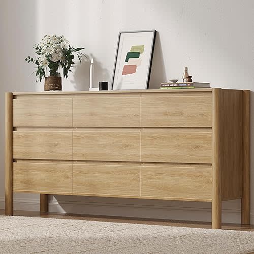 CHUWELL Dresser for Bedroom, 63" Wide Mid Century Modern Chest of Drawers with 9 Large Storage Space and 4 Solid Wood Cylindrical Legs, 9 Drawer Large Dresser for Bedroom(Oak)