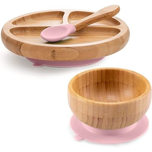Toddler Bamboo Plates, Bowls and Spoon Set, Wooden Feeding Utensils for Infant’s Easy Self Eating at 1 Stage, Stay Put Silicone Suction Plate and Bowl and Soup Spoon for Baby Led Weaning