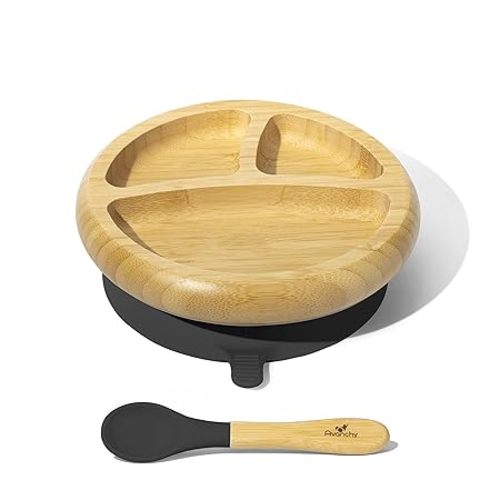 Avanchy Baby Plates Divided Bamboo with Suction for Babies Kids Toddler Food with Silicone Spoon for Feeding (Black)