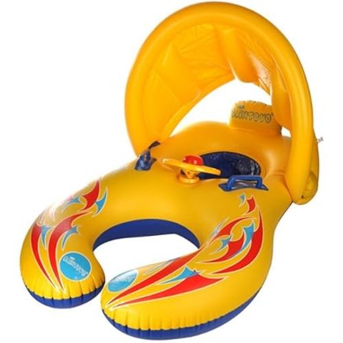 Kalolary Inflatable Mommy & Baby Double Person Float Seat with Removable Sun Canopy for Swim Ring Summer Pool Supplies