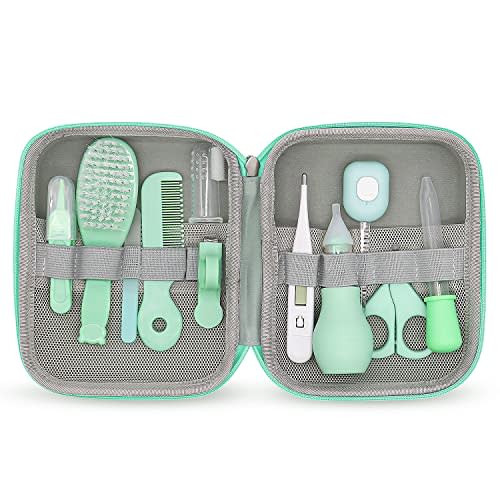 Baby Grooming Kit, 15 in 1 Portable Baby Safety Care Kit with Baby Brush and Comb Set Nail Clippers Nasal Aspirator etc for Nursery Newborn Infant Girl Boys Keep Clean Baby Essentials (Green)