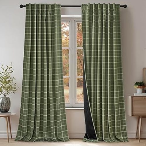 NICETOWN Buffalo Check Plaid 100% Blackout Curtains 84 Inches Long for Bedroom, Living Room Thermal Insulated Room Darkening Rod Pocket Back Tab Drapes, Olive Green, 52" W x 84" L, 2 Panels