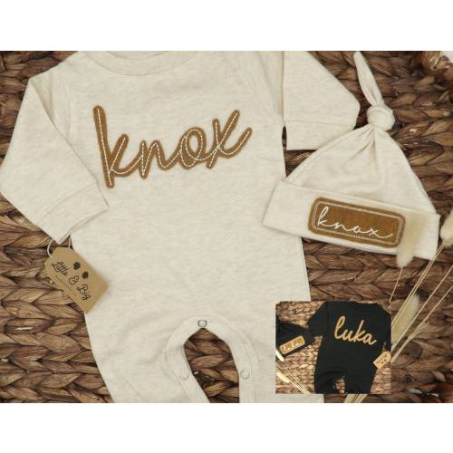 Newborn Boy Coming Home Outfit Sand Romper & Name Hat