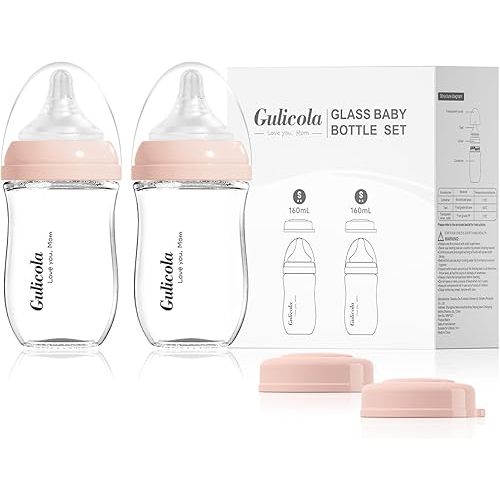 Natural Glass Baby Bottle for Breastfeeding Babies, Newborn Anti-Colic Bottle Set with Slow Flow Nipple, 0-3 Months, 5 oz, 2 Pack - Pink