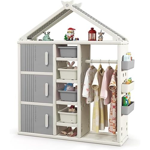 Costzon Kids Dress Up Storage, Open Hanging Armoire Closet with Storage Bins, Shelves, Side Baskets, Kids Dress Up Rack for Little Girls, Kids Wardrobe Closet for Kids Room, Bedroom (Grey)