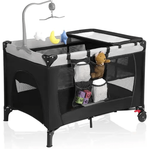 Pack and Play with Changing Table & Carry Bag, 4-in-1 Portable Crib Playpen for Newborn to Toddler, ASTM Certified Foldable Travel Crib with Bassinet(A-Black)