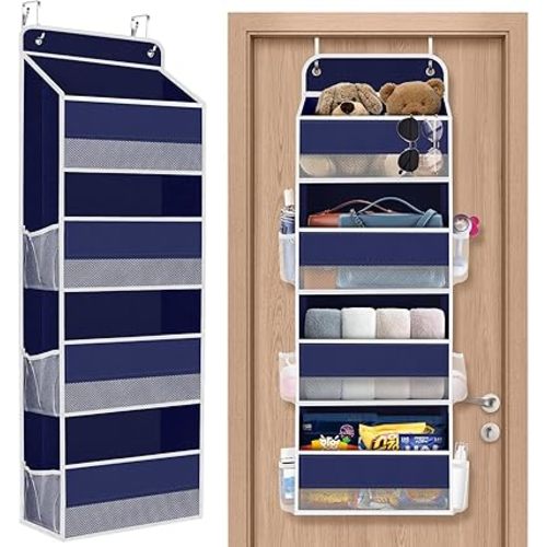 1 Pack Over The Door Organizer, Hanging Storage Organizer with Clear Window, 40lb Ultra Sturdy Large Capacity Room Organizer for Pantry Laundry Bathroom Nursery Closet (Blue)