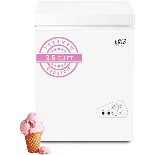 KRIB BLING Chest Freezer Krib Bling 3.5 cu.ft Adjustable Thermostat Compact Freezers with Removable Storage Basket for House Kitchen Garage Basement White