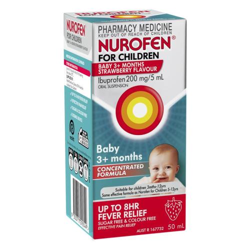 Nurofen For Children Baby 3+ Months Pain and Fever Relief Concentrated Liquid 200mg/5ml Ibuprofen Strawberry 50ml