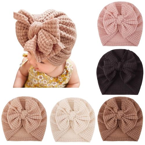 DRESHOW BQUBO 5 PCS Baby Cotton Hats Big Bow Knotted Headwrap Turban Baby Infant Beanie Baby Girl Soft Toddler Cap for Winter