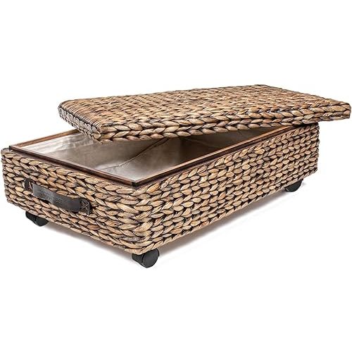 happimess BSK1006B 26.38" Chett Minimalist Hand-Woven Hyacinth/Wood Underbed Storage Bin with Wheels and Handles for Storage and Decoration in Bathroom, Bedroom,Closet,Entryway, Guest Room, Brown Wash
