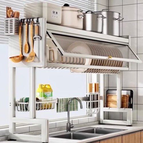 Dish Rack Over Sink for Kitchen, 165LBS Load Drying Rack Above Sink with Visible Cabinet Door, Large Carbon Steel Dish Drainer for Dishes, Bowls and Utensils, White