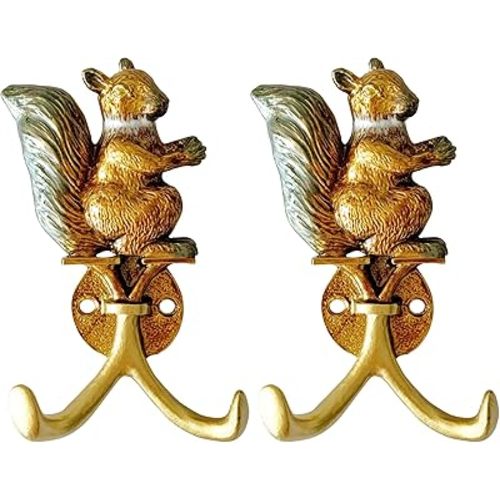 Vintage Squirrel Shaped Decorative Wall Hooks Rack Hangers for Hanging Clothes Coats Towels Keys Hats, 2 Pack Antique Metal Mounted Wall Hook