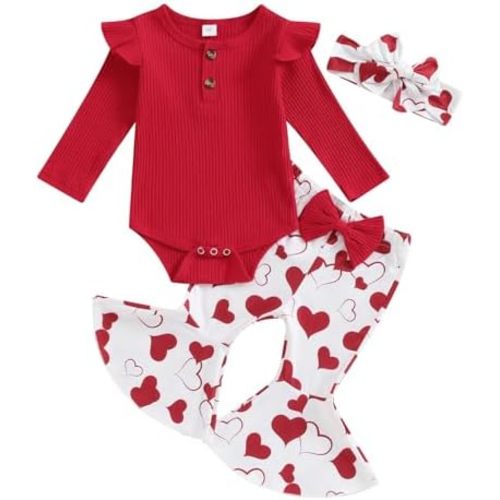 Kuriozud Newborn Baby Girl Bell Bottom Outfit Ruffle Romper Cute Bow Flare Pants Set Headband Cute Clothes