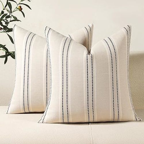 Hckot Decorative Navy Pillow Covers 18x18 Striped Throw Pillows Textured Linen Pillow Covers Farmhouse Decor Cushion Covers for Couch Bed Living Room, Navy
