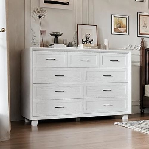 Farmhouse 9 Drawer Dresser for Bedroom, 60” Large Rustic Wood Dresser Chest of Drawers with Metal Handles, for Living Room, White Wood Grain, 60”W x 20”D x 40”H