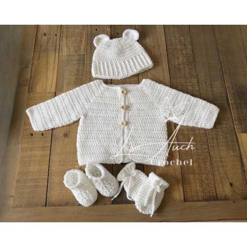 0-3 Months Crochet Baby Gift Set – Hat, Booties, Cardigan, Mittens