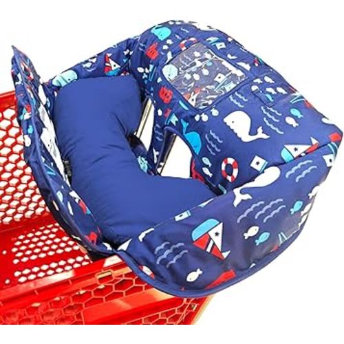 Soft Pillow Attached 2-in-1 Shopping Cart and High Chair Cover for Baby, Cotton Padded Cart Cover, Fold'n Roll Style, Portable with Carry Bag (Navy Blue Whale)