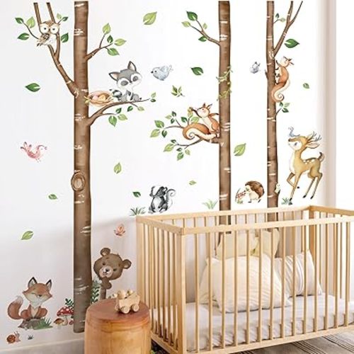 decalmile Large Birch Tree Forest Animals Wall Stickers Bear Rabbit Fox Deer Wall Decals Baby Nursery Toddler Bedroom Living Room Wall Decor(H: 63inches/ 160cm)