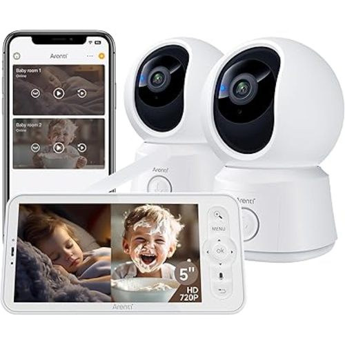 Arenti Baby Monitor 2 Cameras, Smart Baby Camera with 5-Inch Wireless Display, Super Night Vision, Temperature Sensor, Sound Detection, Auto Motion Tracking, 2-Way Audio, VOX Mode(B2 Set)
