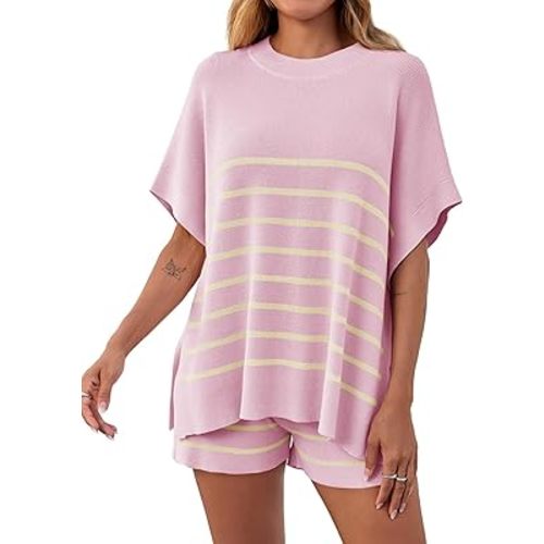 Fisoew Women's Striped 2 Piece Outfits Oversized Batwing Short Sleeve Tops High Waisted Shorts Summer Knit Lounge Short Sets