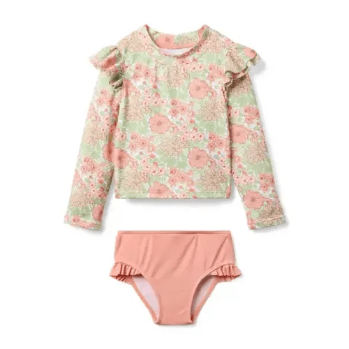 Girl Rosy Coral Floral Recycled Floral Ruffle Rash Guard Swimsuit by Janie and Jack