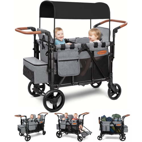 Vomeast Upgrade Wagon Stroller for 2 Kids, 2-Seater Baby Stroller Wagon with Canopy, 5-Point Harness, Adjustable Handle(Grey)